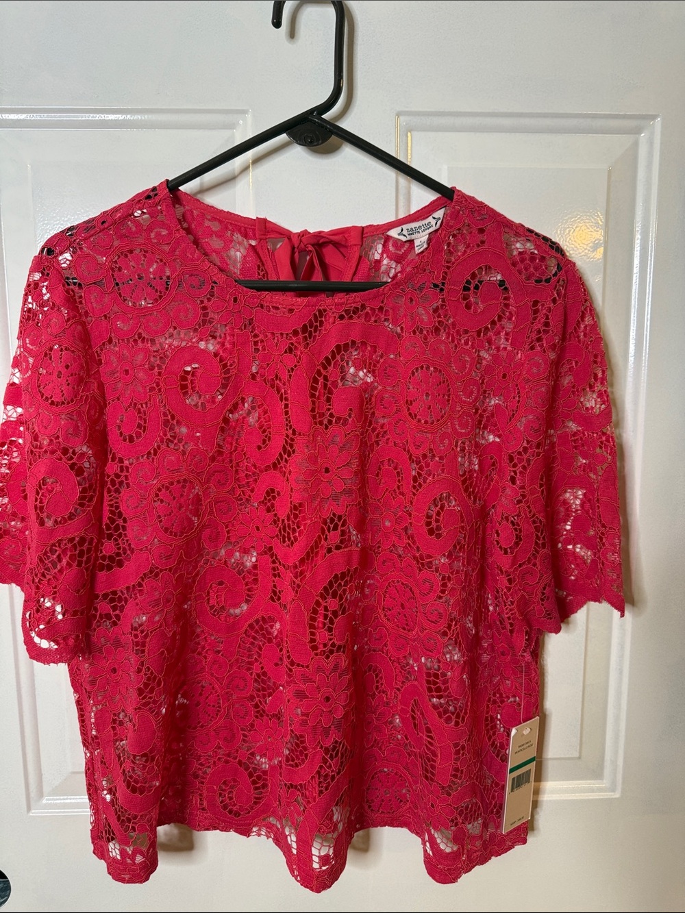 Nanette Lepore Hot Pink Lace Crochet Short Sleeve Blouse